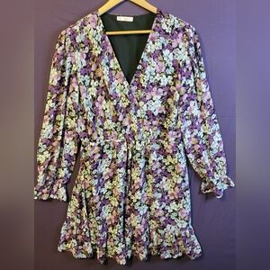 Kirundo  Purple Vneck Floral Long Ruffle Sleeve Dress. Size XL